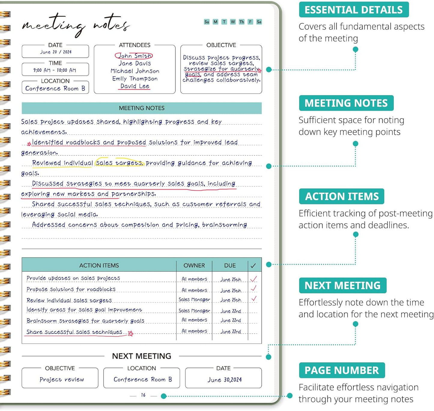 6 Pack of Meeting Notebook for Work Organization - Work notebook with action items, Meeting Minutes Planner Notebook, Perfect Office Supplies for Men & Women - Green