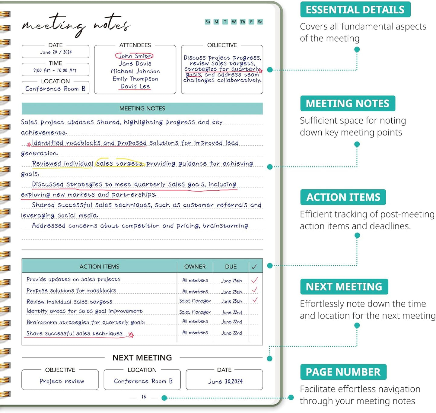 Taja 48 Pack of Meeting Notebook for Work Organization - Work notebook with action items, Meeting Minutes Planner Notebook, Perfect Office Supplies for Men & Women - Multi