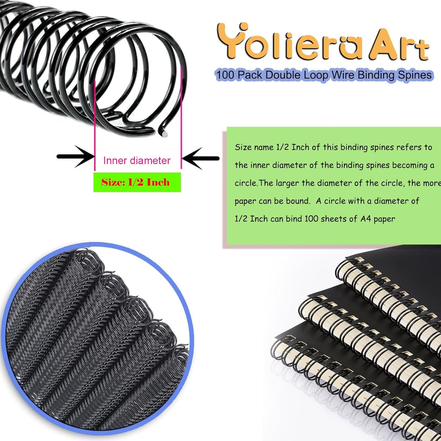 1/2 Inch Wire Cinch Book Binding Black 3:1 Pitch, 100 Pack Double Loop Metal Spiral for Bindings Fit for School Office Notebook Maker, YolieraArt Office Products Binding Combs 100 Sheet Capacity