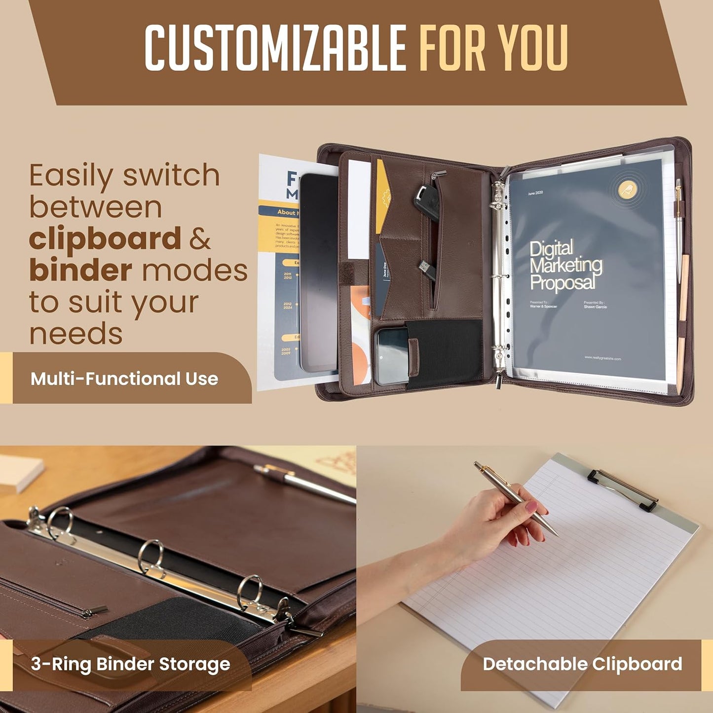 STYLIO Zipper Portfolio | Padfolio 3 Ring Binder and Clipboard Folio (Removable) | Portfolio Organizer for Documents, Tablet, Phone |Faux Leather Binder for Men and Women | Walnut (Brown) Color