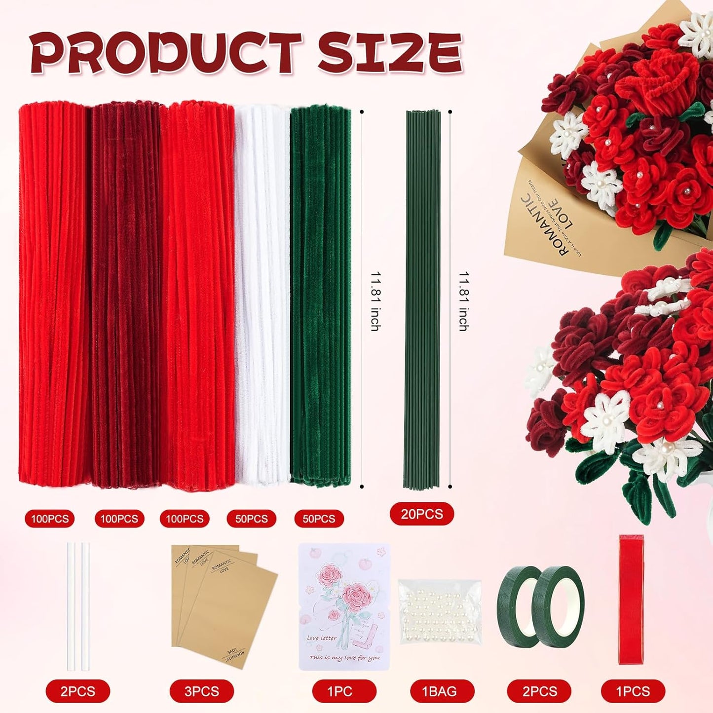 400 Pcs Red Pipe Cleaners for Crafts, 4 Colors Chenille Stems Bulk with Floral Wires, Gardening Tape,Hot Glue Stick，Greeting Card,Bouquet Paper, Pearl & Ribbon, Flowers Craft kit for Christmas