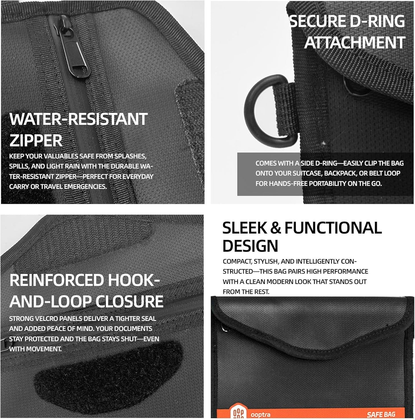 Fireproof Document Bag (Black) – Waterproof Zipper – Lightweight & Portable – for Home, Office & Travel – Holds Files, Cash, Passport, Valuables – Fire & Water Resistant – with External Buckle