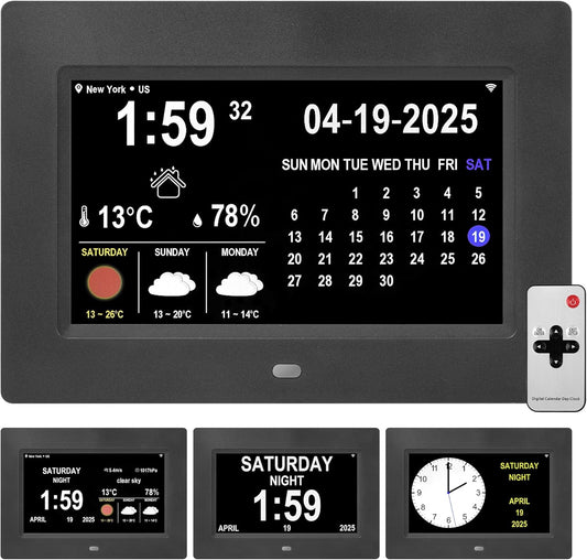 WiFi Digtial Wall Clock,Desk Clock with Weather Temperature Humidify,10 Day Weather Forecast,Weather Station with Digital Calendar and Dementia Alarm clockx for Seniors.(Black, 7 inches)