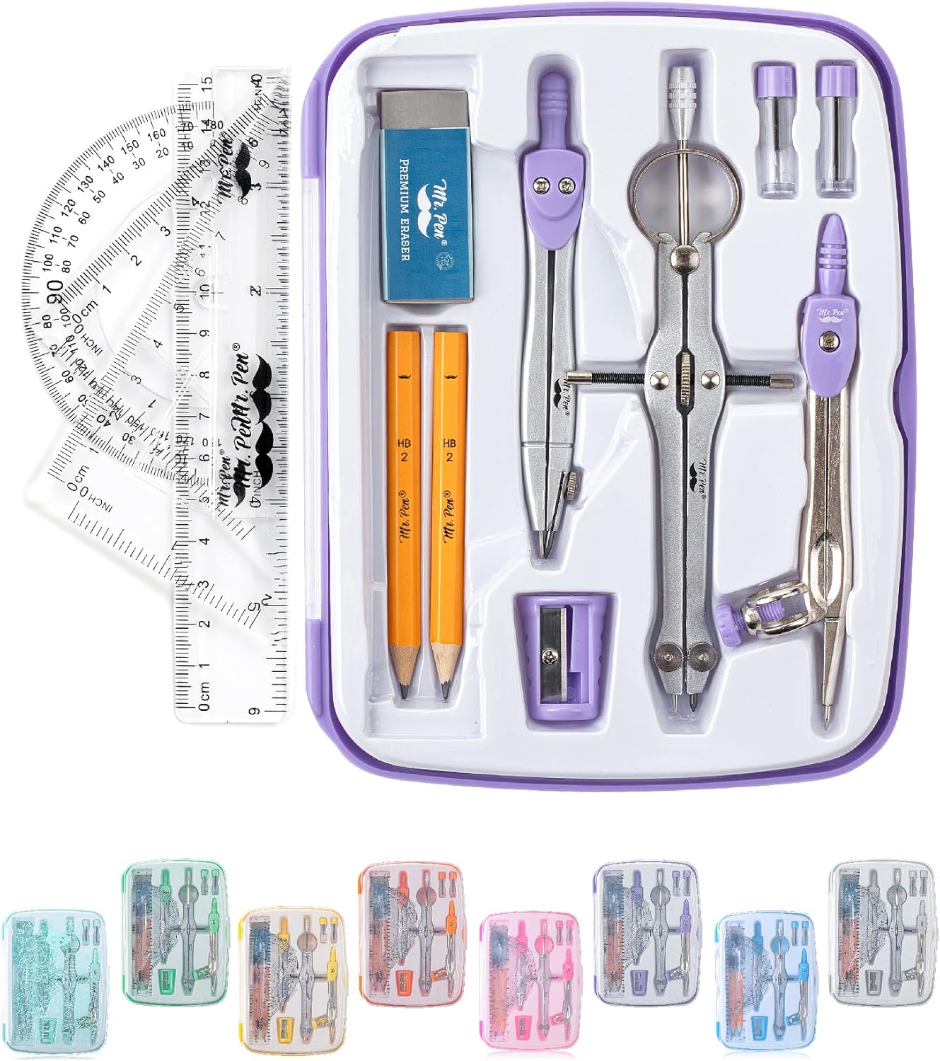 Mr. Pen- Geometry Set, 13 pcs, Compass for Geometry Compass, Geometry Kit Set with Shatterproof Storage Box, Math Compass, Geometry Set for School, Compass Math, Protractor and Compass Set, Purple