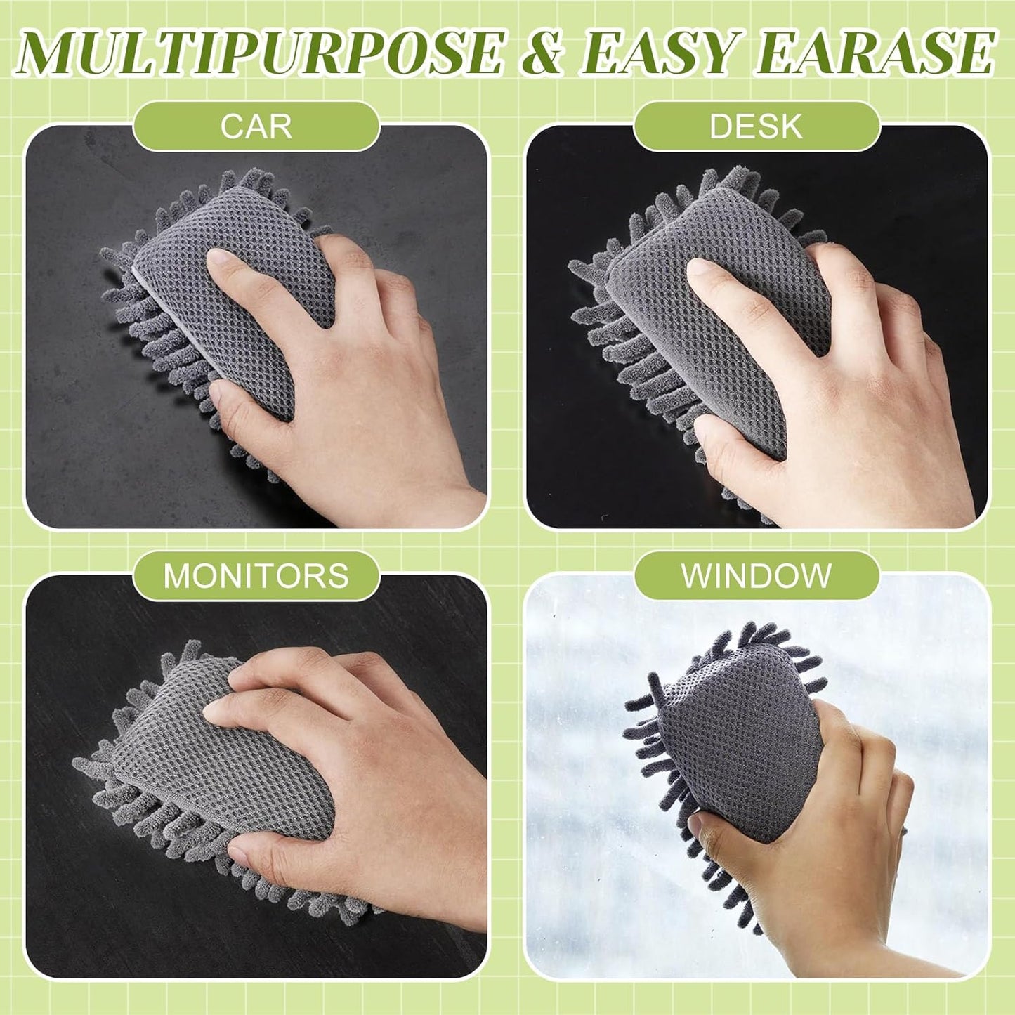 Zonon 4 Pieces Dry Erase Eraser Microfiber Shag Washable Whiteboard Eraser for Markers, Chalk, Classroom, Home and Office (Green,Yellow,Gray)