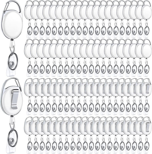 Yaomiao 100 Pack Retractable Badge Holder Reel with Clips Heavy Duty ID Card Holder Reels Bulk with Key Ring for Office Worker Doctor Nurse Employee School Students (White)