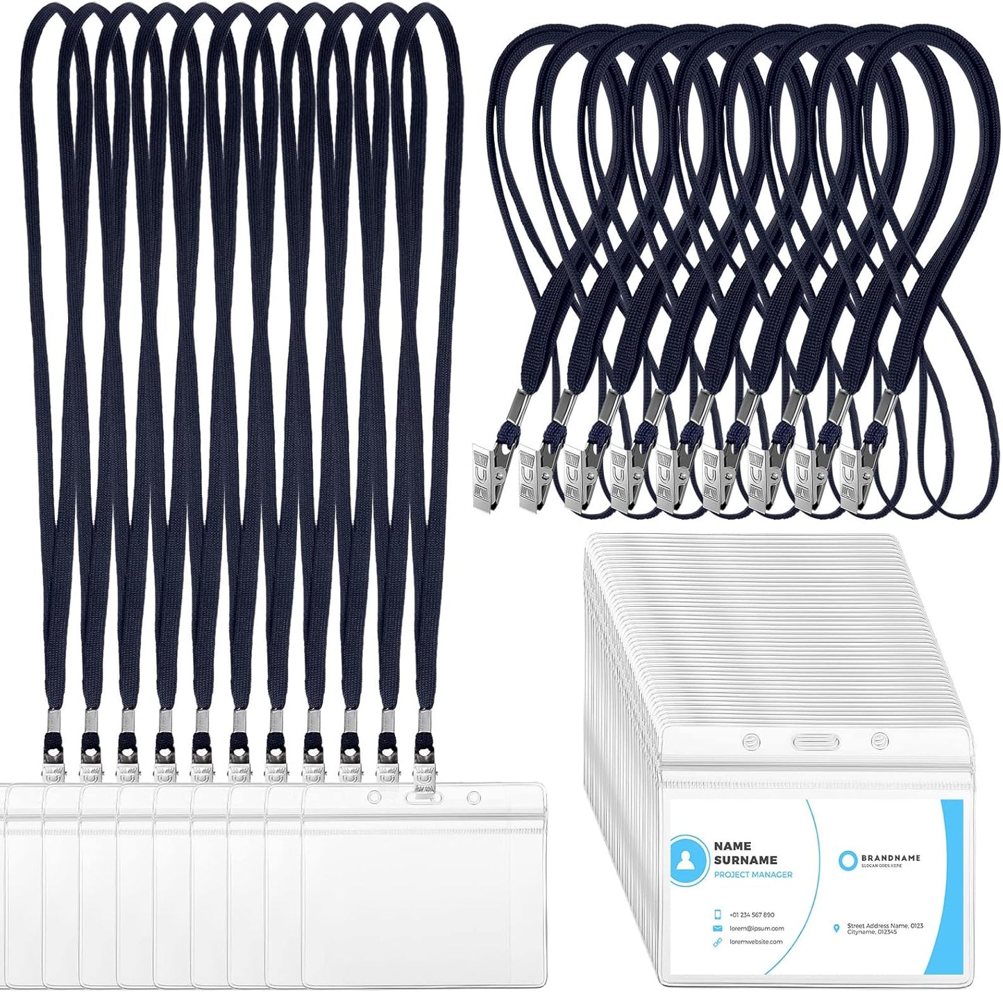 Marspark 100 Sets Clear Name Tags with Lanyard, Lanyards for ID Badges Reusable Strap with ID Holder Plastic Name Badges for Adults Business School Church Conference (Dark Blue)