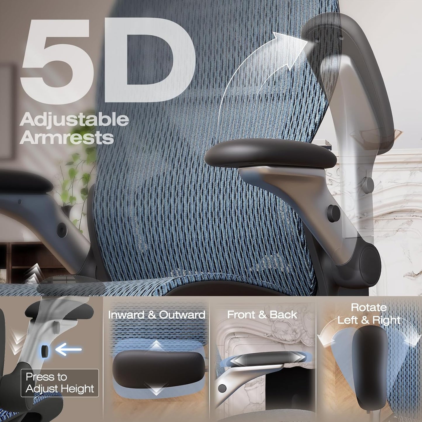 ELABEST X100 Ergonomic Office Chair with Footrest, Big and Tall Home Desk Chair with 5D Flip-Up Arms, Adjustable 8D Lumbar Support,High Back Rolling Computer Chair, Swivel Mesh Chairs (Oaxaca Blue)