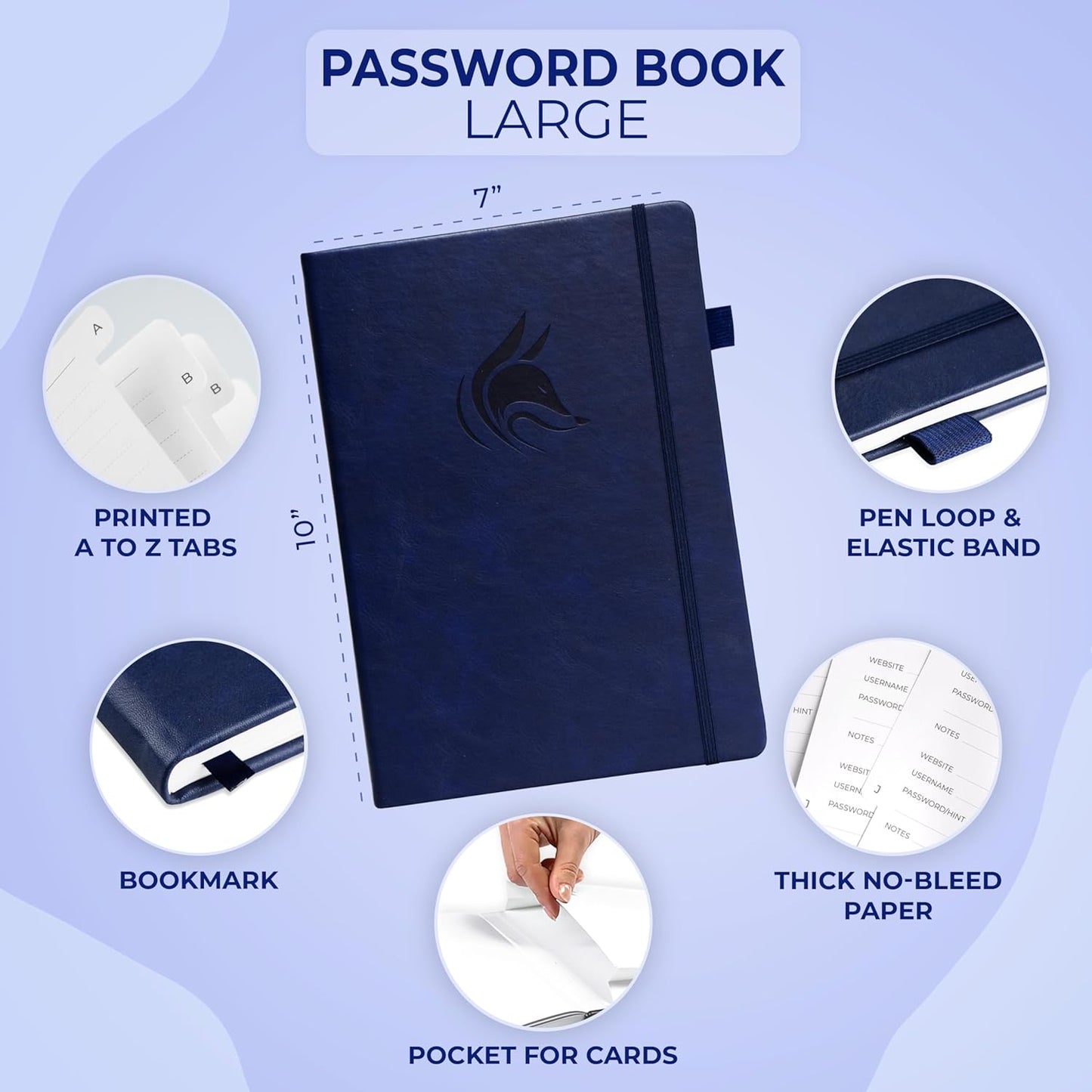 Clever Fox Password Book with alphabetical tabs. Internet Address Organizer Logbook. Large Password Keeper for Website Logins (Dark Blue)