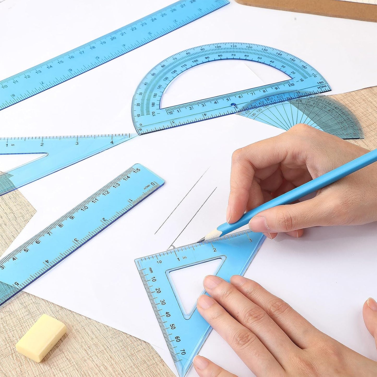 Tenare 1 Set Plastic Clear Math Set Includes Protractor Triangle Rulers 12 Inch 6 Inch Straight Geometry Math Transparent Ruler Measuring Tool for School Office Home Supplies(Blue)