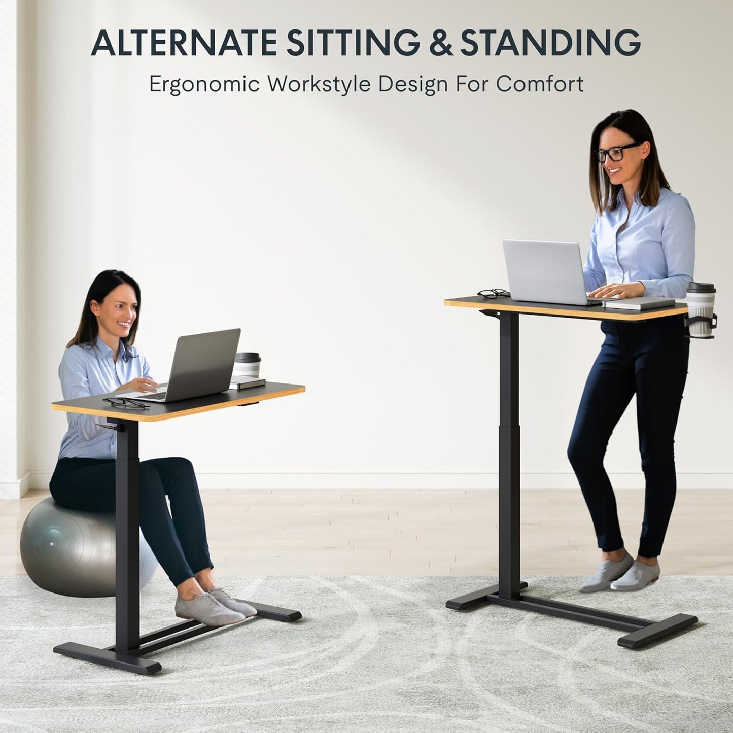 FLEXISPOT Mobile Standing Desk with Wheels Pneumatic Laptop Desk Rolling Computer Cart Movable Height Adjustable Small Sit Stand Desk Computer Workstations Home Use（27.6" W x 15.7" D, Black+Maple