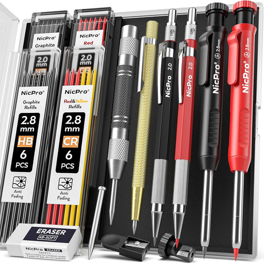 Nicpro 11 Pack Carpenter Pencil Set with Sharpener, Mechanical Carpenter Pencils with 40 Refill, Automatic Center Punch and Carbide Scribe Tool, Heavy Duty Construction Pencil for Architect-With Case