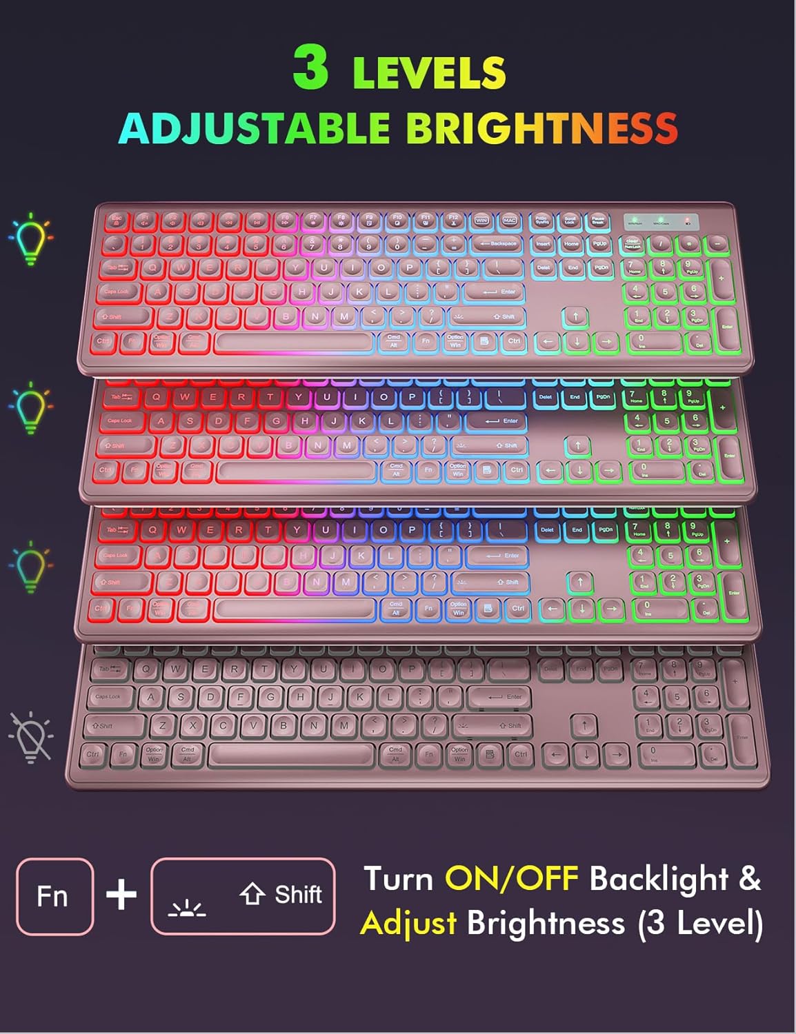 Wireless Keyboard and Mouse Combo - RGB Backlit, Rechargeable & Light Up Letters, Full-Size, Ergonomic Tilt Angle, Sleep Mode, 2.4GHz Quiet Keyboard Mouse for Mac, Windows, Laptop, PC, Trueque, Rose