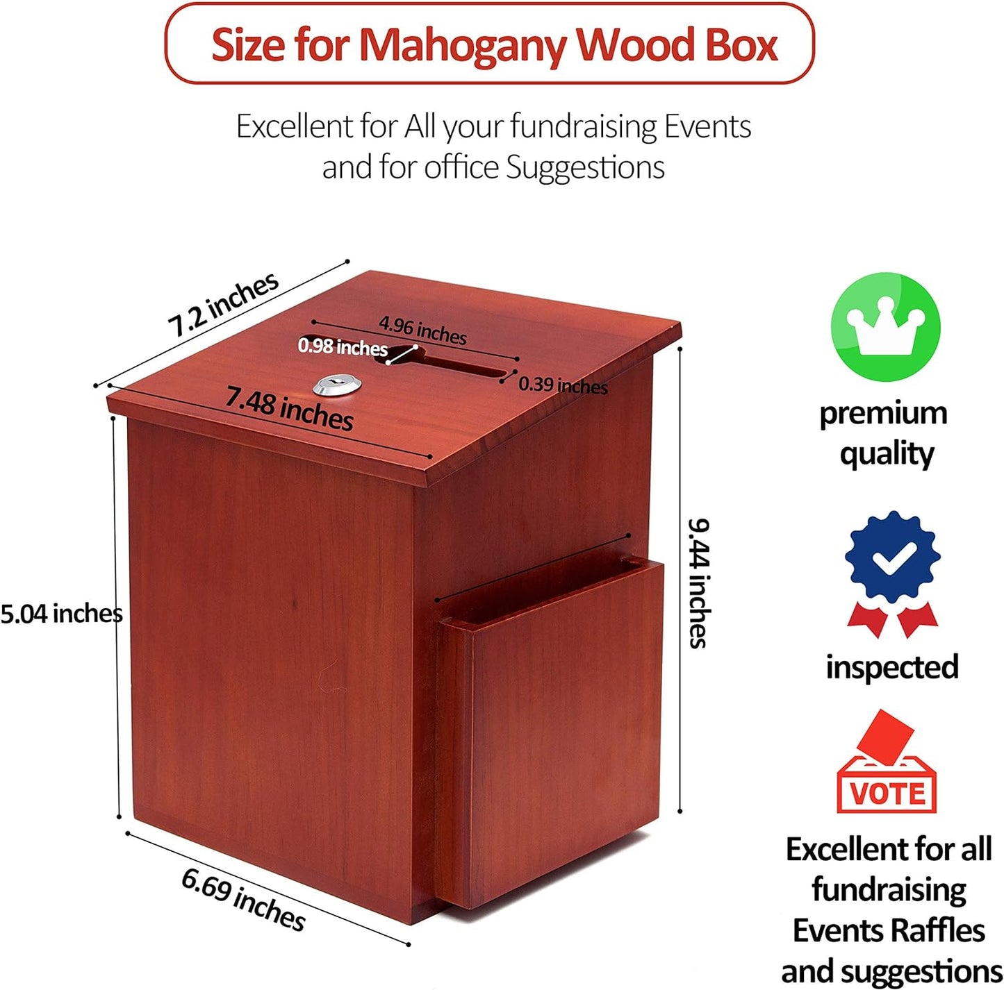Wood Charity Donation collection Box Office suggestion Ballot Box With wide slot for envelopes and suggestion comment forms, Pocket and Locking Hinged Lid & Pen for Table Or Countertop(Rustic-Brown)