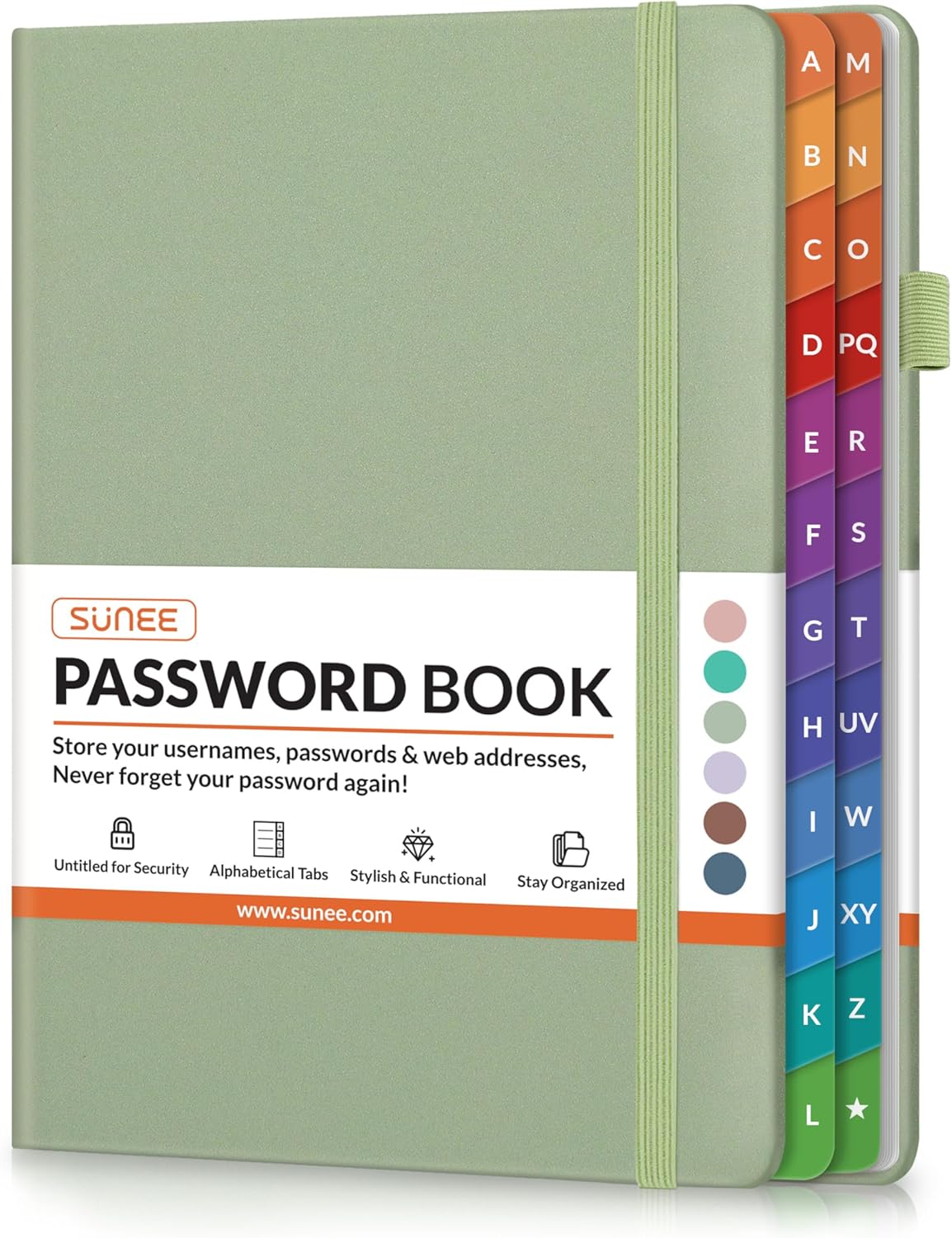 SUNEE Password Book with Colorful Alphabetical Tabs, Password Books for Seniors, Password Keeper Book for Computer and Internet Address Website Login, 5.3''x 7.7''- Sage Green