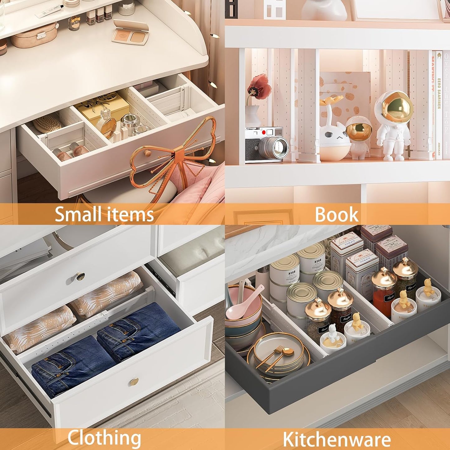 REBECAT 10 Pack Drawer Dividers for Clothes Adjustable Drawer Dividers 4" High Expandable from 15"-21" for Dresser Baby Clothes Bathroom,Bedroom Kitchen and Office Storage，White