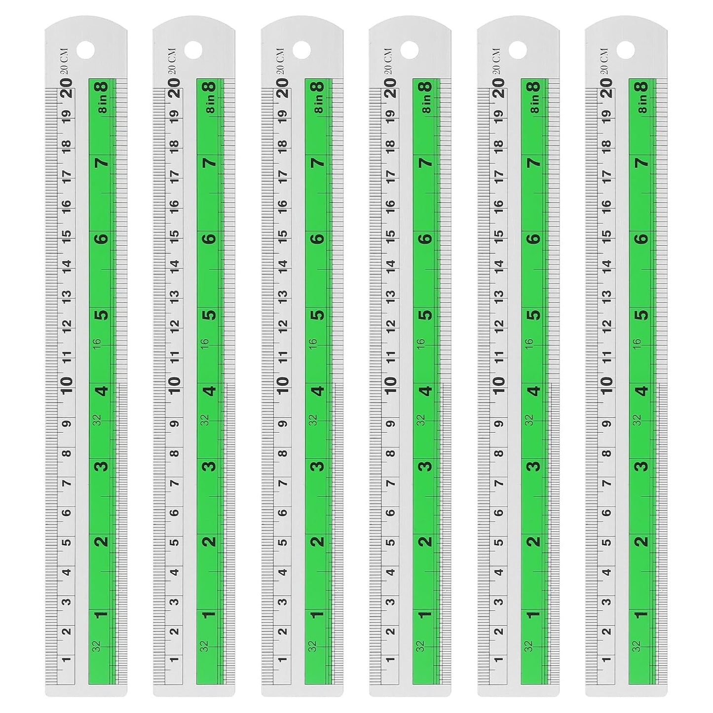 HARFINGTON 6pcs Metal Straight Ruler 20cm Metric SAE Aluminum Alloy Measuring Rulers Scale Tool with Hole for Measure Study Reading Classroom Office, Green