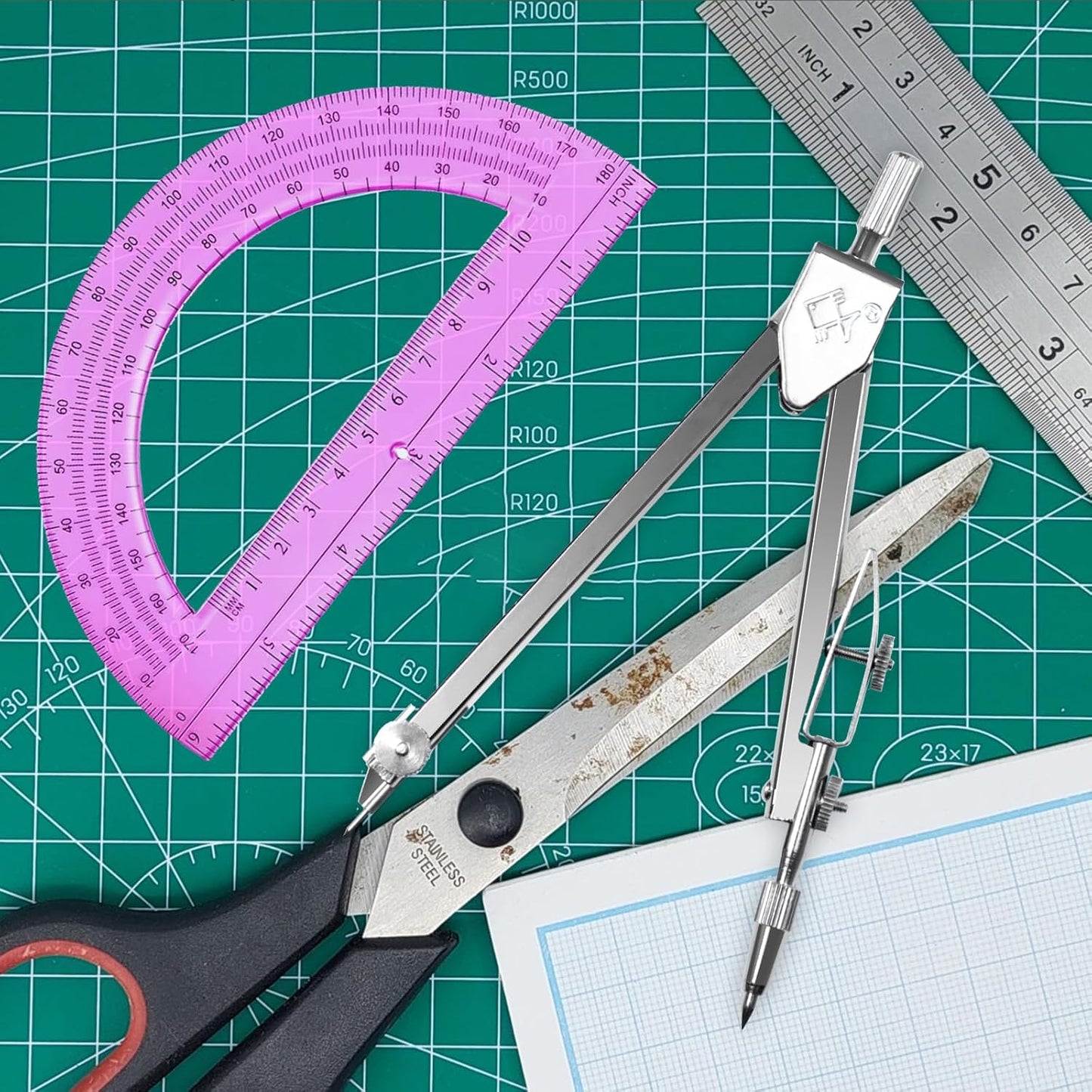 Students Geometry Math Set, Drawing Compass and 6 Inch Transparent Swing arm Protractor 180 Degree Math Protractor (Pink)