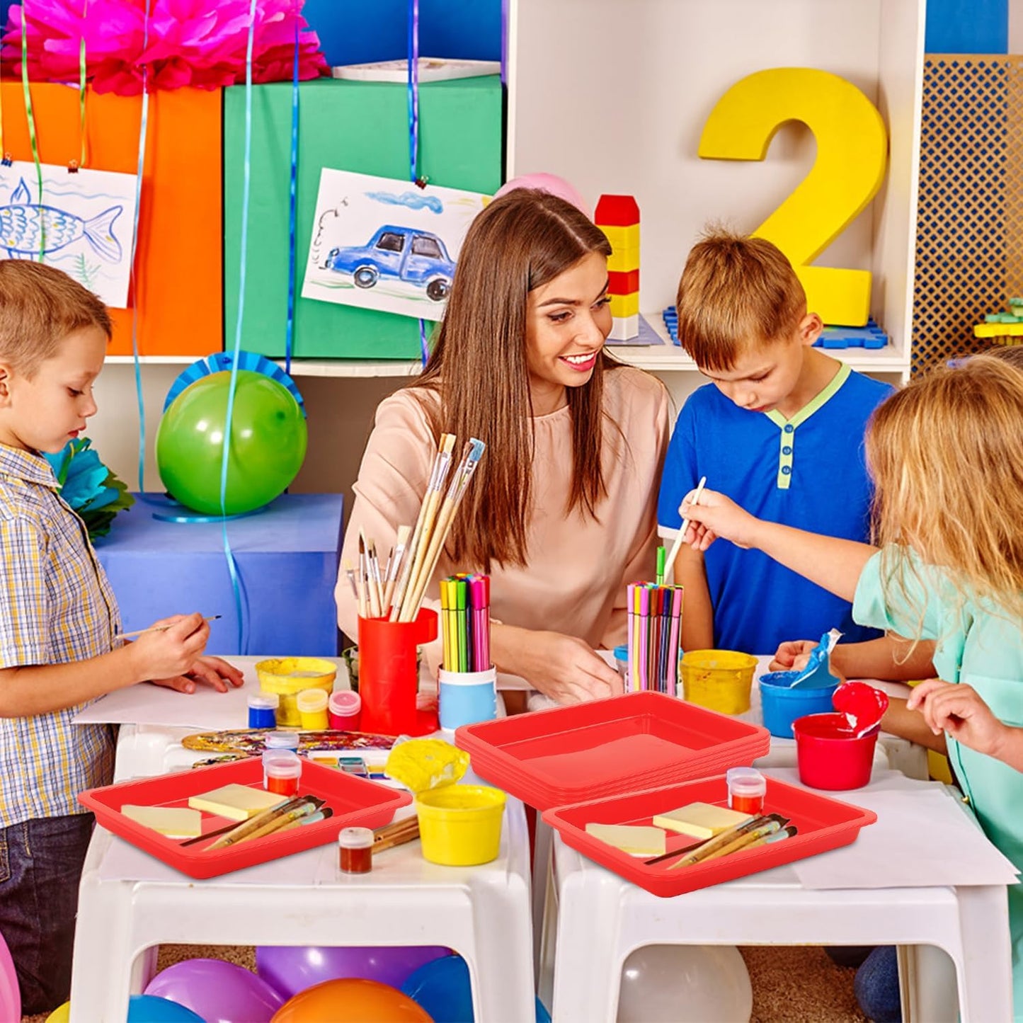 Craft Tray,24 Pack Art Trays for Kids Plastic Activity Trays Stackable Craft Trays,Shallow Craft Storage Organizer, DIY Project & Painting Tray,Art Supplies,9.45 x 7.1 x 0.98 Inch (Red)