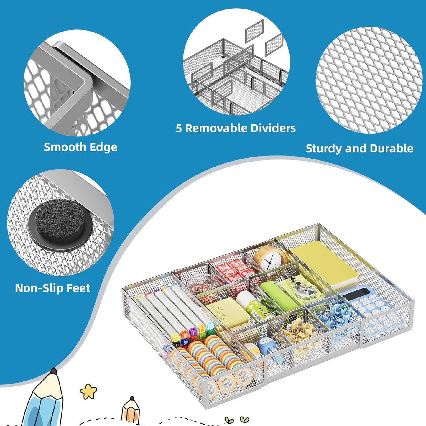 Marbrasse Expandable Desk Drawer Organizer, Mesh Tray with 10 Adjustable Compartments, Desk Organizers for Office Supplies, Makeup & Vanity (Expandable-Silver)