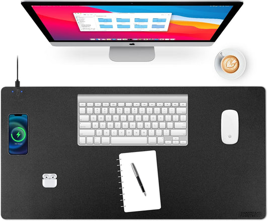 Wireless Charging Desk Mat with Desk Pad for Desktop Charging Large Mouse Pad Waterproof Leather Computer Mat Mouse Pad Non-Slip Protector on Top of Desks for Keyboard and Mouse (black-l, 32*16inch)