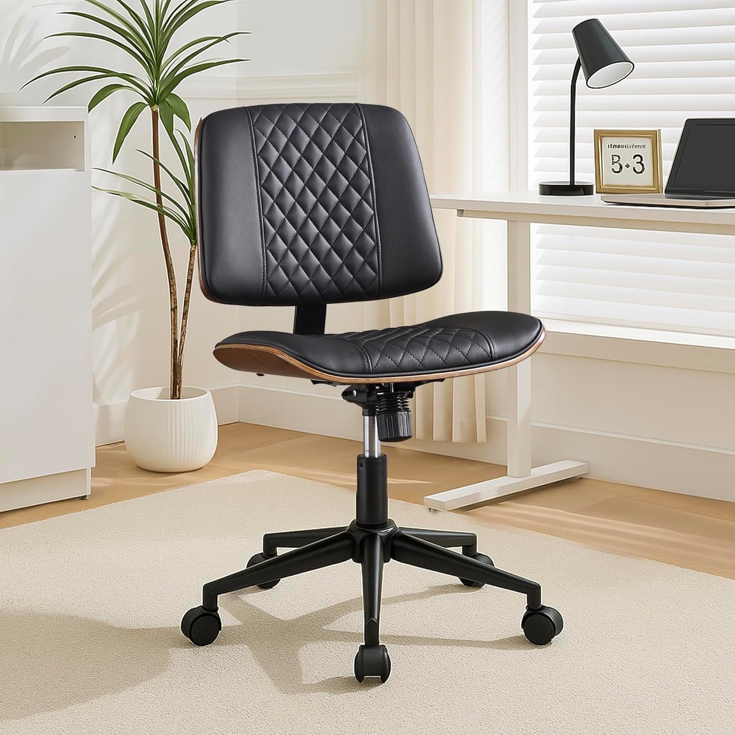 Modern Black Home Office Chair – Armless Mid-Back Desk Chair with PU Leather, Adjustable Height, Swivel Wheels, Walnut Wood Finish, Perfect for Small Spaces