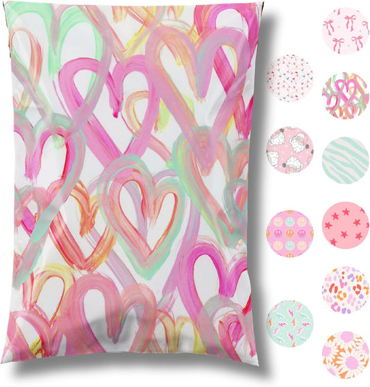 10x13 Designer Poly Mailer 100 Pack Heavy Duty Waterproof Self Seal Shipping Bags for Small Business Large Mailing Envelopes Bulk Tear Resistant Cute Packaging Happy Hearts