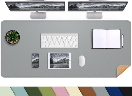 Leather Desk pad Protector,47" x 17" Large Desk mat with Natural Cork & PU Leather,Mouse pad,Non-Slip Office Desk Mat,Waterproof Desk Writing Pad for Office and Home (Light Gray)