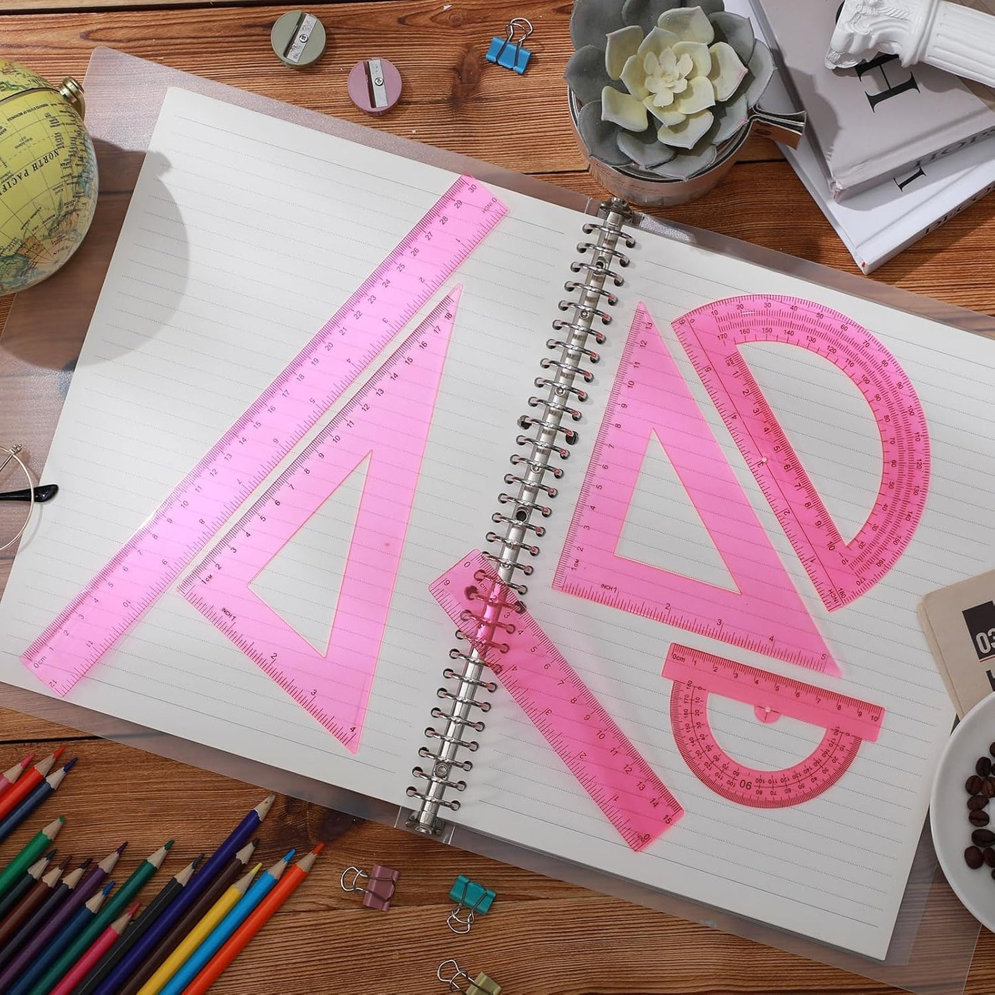 Tenare 6 Pcs Plastic Ruler Math Set Includes 12 Inch 6 Inch Straight Protractor Triangle Geometry Transparent Math Ruler Measuring Tools for School Office Home(Pink)