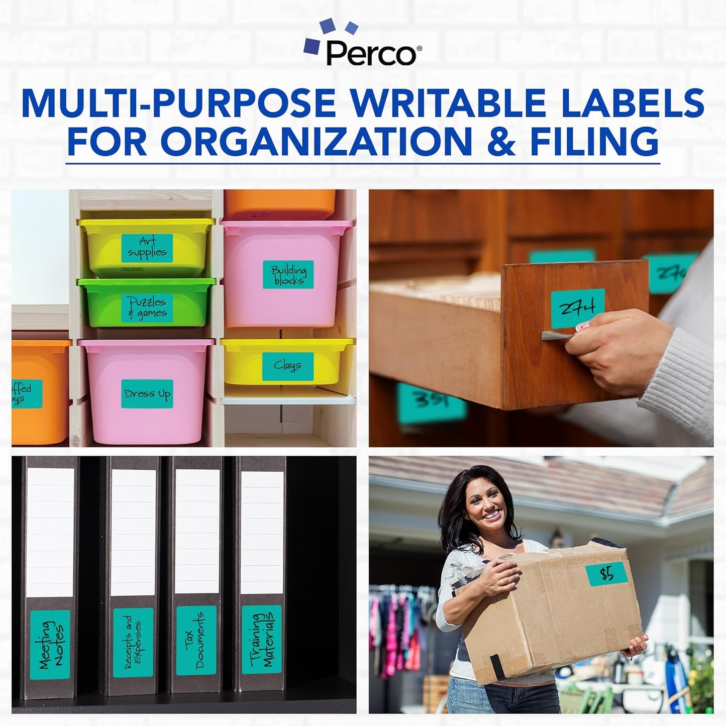 Perco Teal Labels 3x5 Inch 500 Stickers/Roll with Easy Peel Perforation and Strong Adhesion for Inventory Management, Color Coding, Moving Boxes, Retail, Organizing & Crafts – Made in USA
