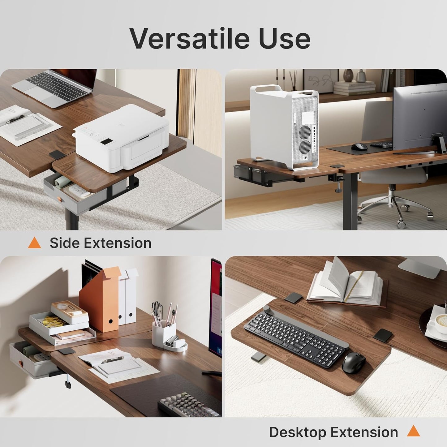 Desk Extender Tray, 24" x 12" Clamp On Desk Shelf, Desk Extension with Storage Drawer, Table Desk Arm Rest, Clamp On Keyboard Tray for Office and Home, Workstation Organizer, Medium, Walnut