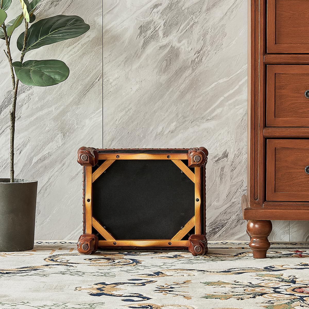 Foot Stool Ottoman Foot Rest Microfiber Leather Upholstered Footstool for Sofa, Living Room, Entryway, Solid Wood Stool (Flat Brown)