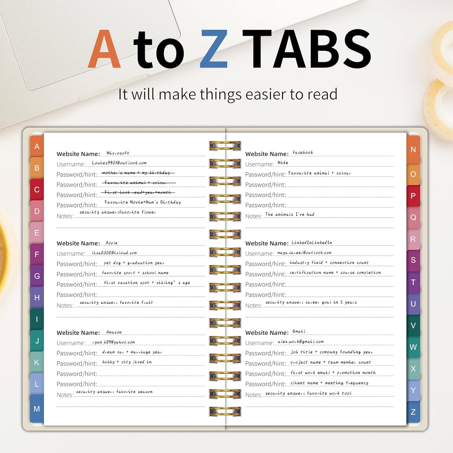 Spiral Password Book with Alphabetical Tabs - 5.8" X 8.2" Small Password Keeper Book with Inner Pocket for Seniors , Large Print, Hardcover, 450 Logins – Internet Password Organizer Notebook for Home & Office Use