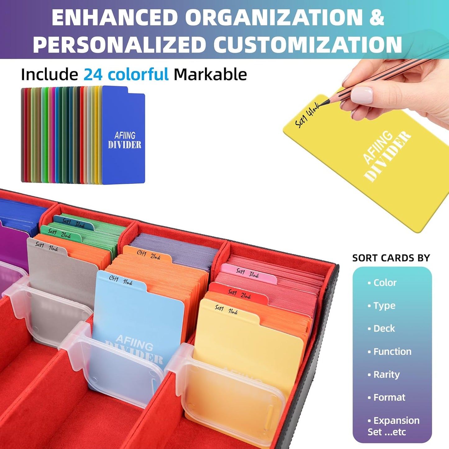 AFIING Trading Card Storage Box 6000+ Capacity – DIY Toploader Case w/ 24 Dividers & 8 Supports, Fits 3x4 Rigid Card, Deck Box for MTG TCG Sports Cards– Black & Red