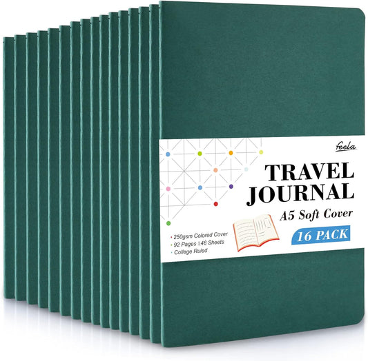 16 Pack Soft Cover Journal Bulk, Feela Lined Notebooks College Ruled for Work for Women Girl Writing, Blank Travel Journal Note Taking Notebook School Business Supplies, 8.2” x 5.5”, A5, Dark Green