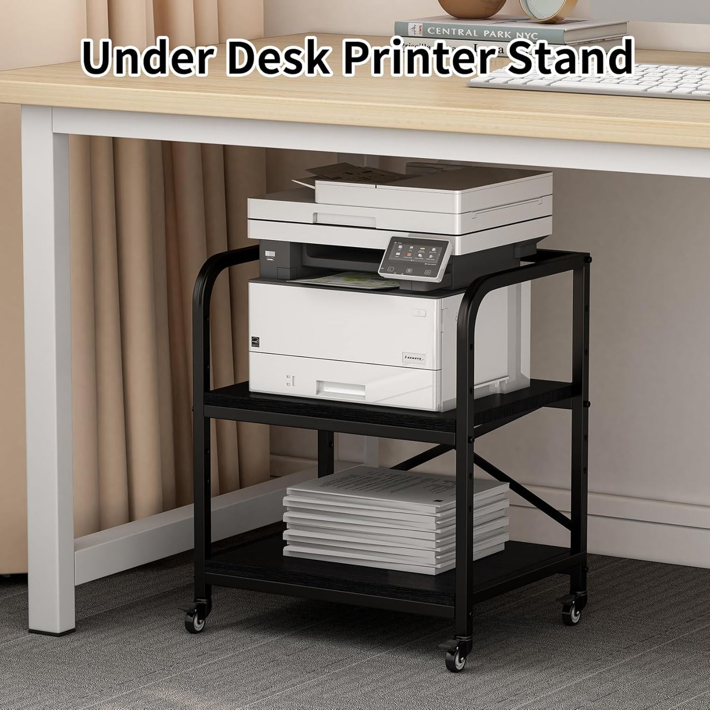2 Tier Large Printer Stand, 20 x 20 Inches Printer Table with Storage Shelf, Rolling Printer Cart with Wheels for Home Office, Scanner Fax (Black)