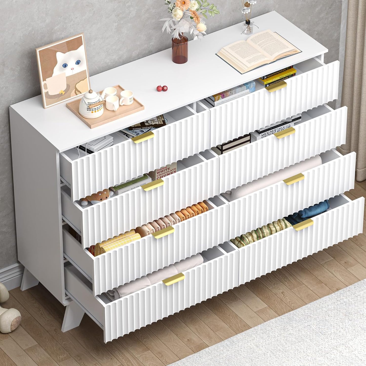 Fluted 8 Drawer Tall Dresser, 47.2" Wide Modern Boho Chest of Drawers, Wooden Storage Dresser TV Stand for Bedroom, Living Room, Closet, Hallway, Curved Profile Design