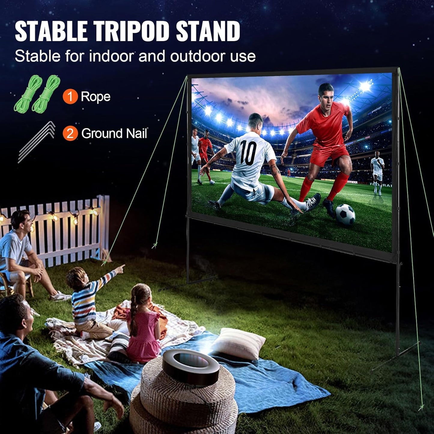 VEVOR Projector Screen with Stand, 100 inch 16:9 4K 1080 HD Outdoor Movie Screen with Stand, Wrinkle-Free Projection Screen with Bar Feet and Carry Bag, for Home Theater Cinema Backyard Movie Night