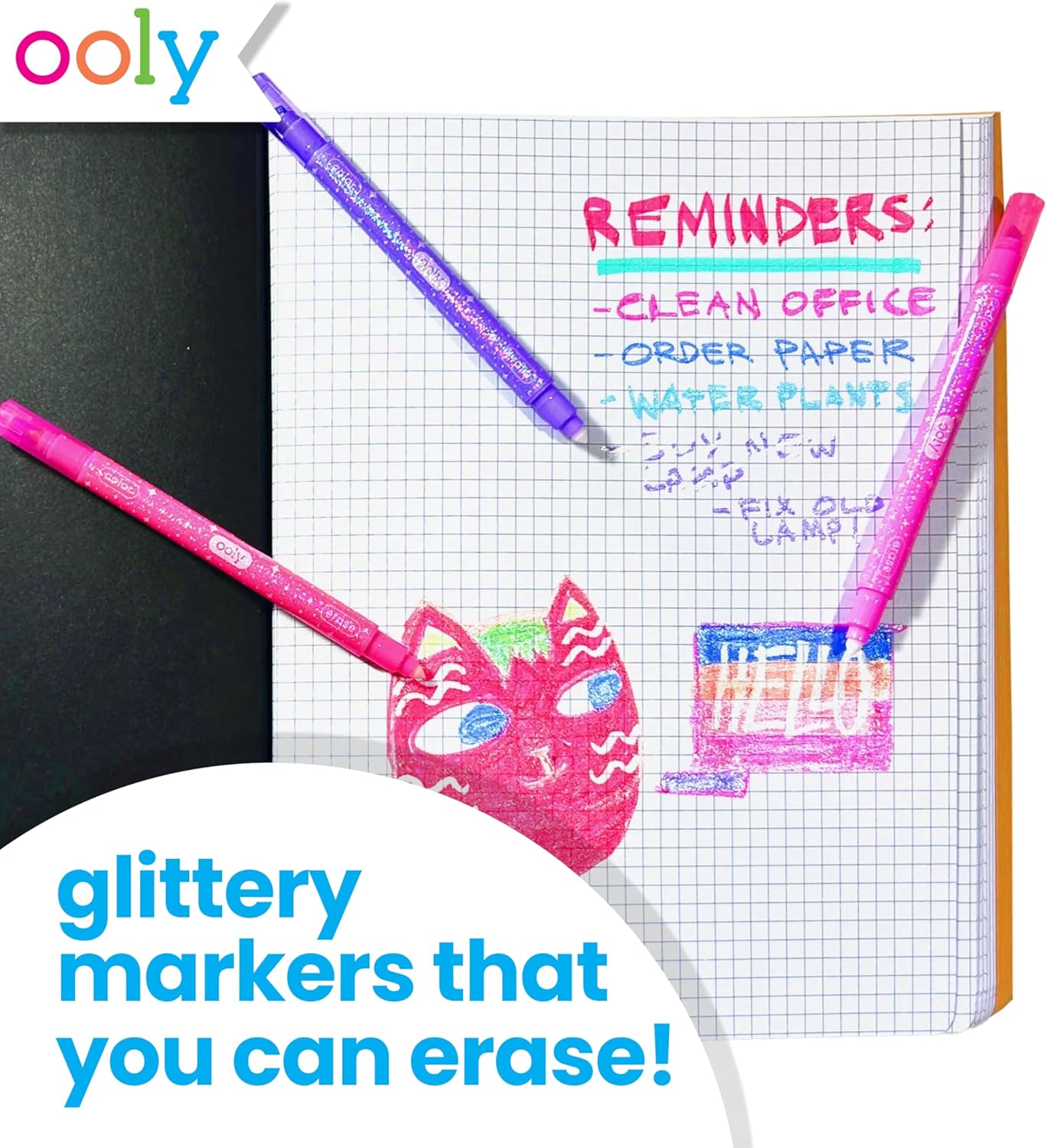 Ooly Make No Mistake Glittery Erasable Markers, 12 Sparkle Markers that are Mess Free that You Can Erase, Colorful Back to School Supplies for Any Arts & Crafts