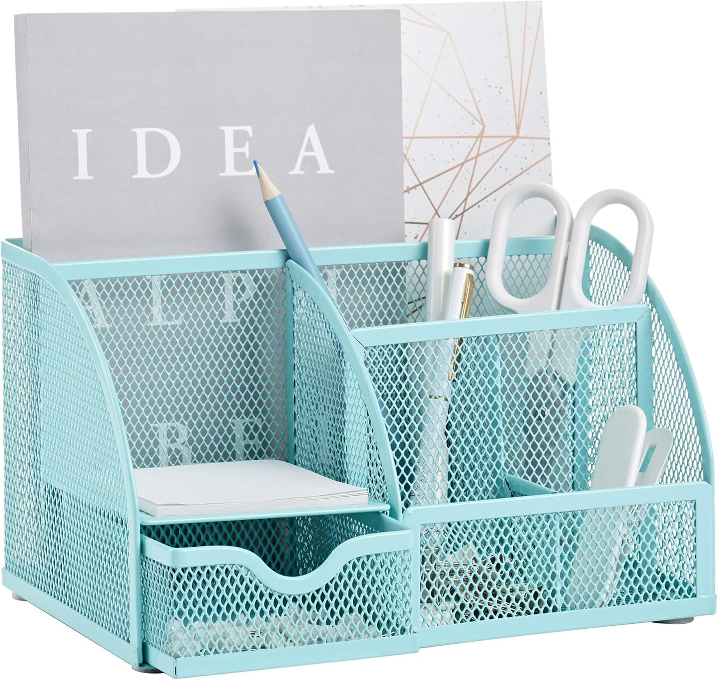 Annova Mesh Desk Organizer Office with 7 Compartments + Drawer/Desk Tidy Candy/Pen Holder/Multifunctional Organizer (Turquoise)