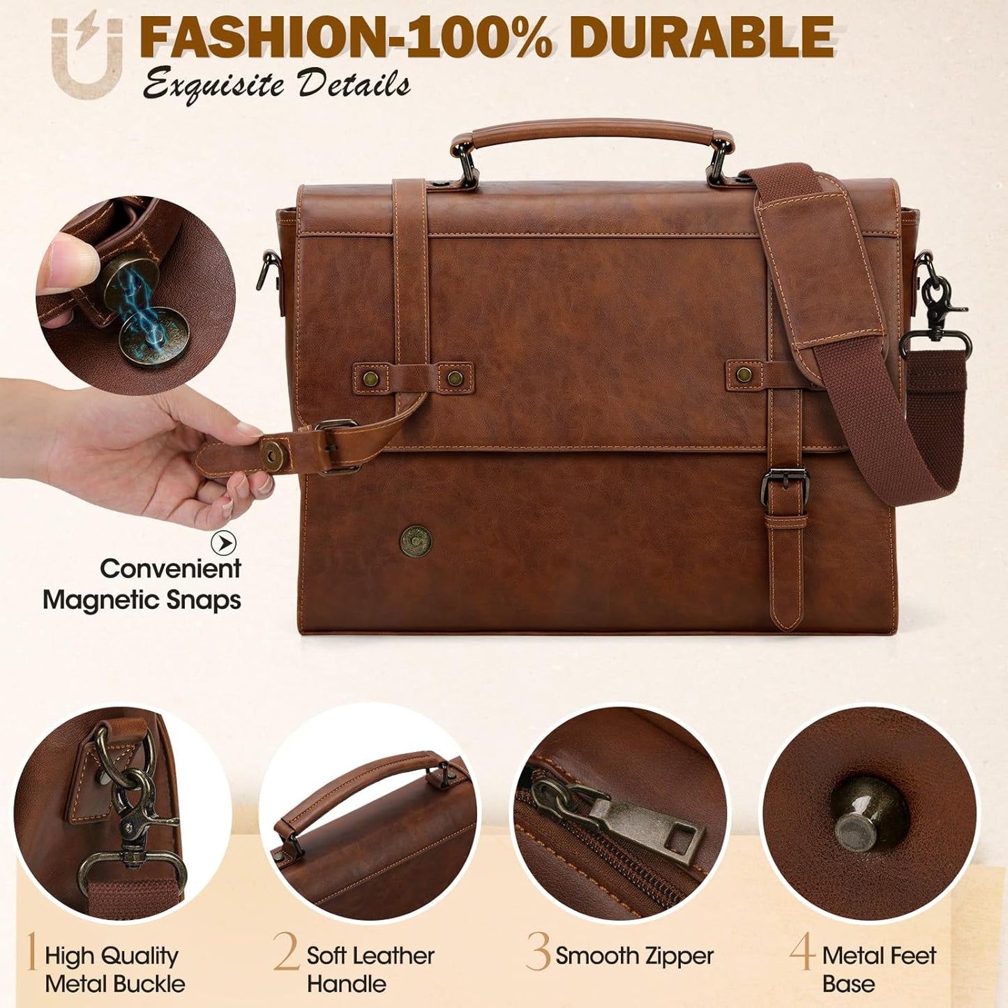 RAINSMORE Mens Messenger Bag 18 Inch Waterproof Vintage Leather Laptop Briefcase Large Laptop Bag Satchel Bag Computer Shoulder Bag for Office Business Travel College,Brown