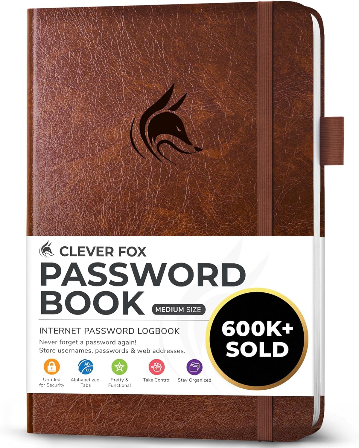Clever Fox Password Book with alphabetical tabs. Internet Address Organizer Logbook. Medium Password Keeper for Website Logins (Brown)