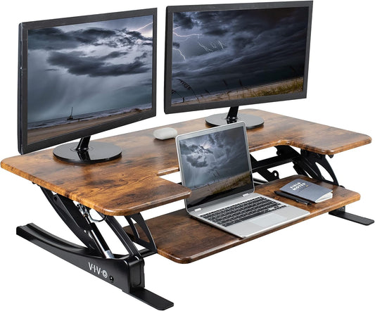 VIVO 42 inch Height Adjustable Stand Up Desk Converter, V Series, Quick Sit to Stand Tabletop Dual Monitor Riser Workstation, Rustic Vintage Brown Top, Black Frame, DESK-V000VLN