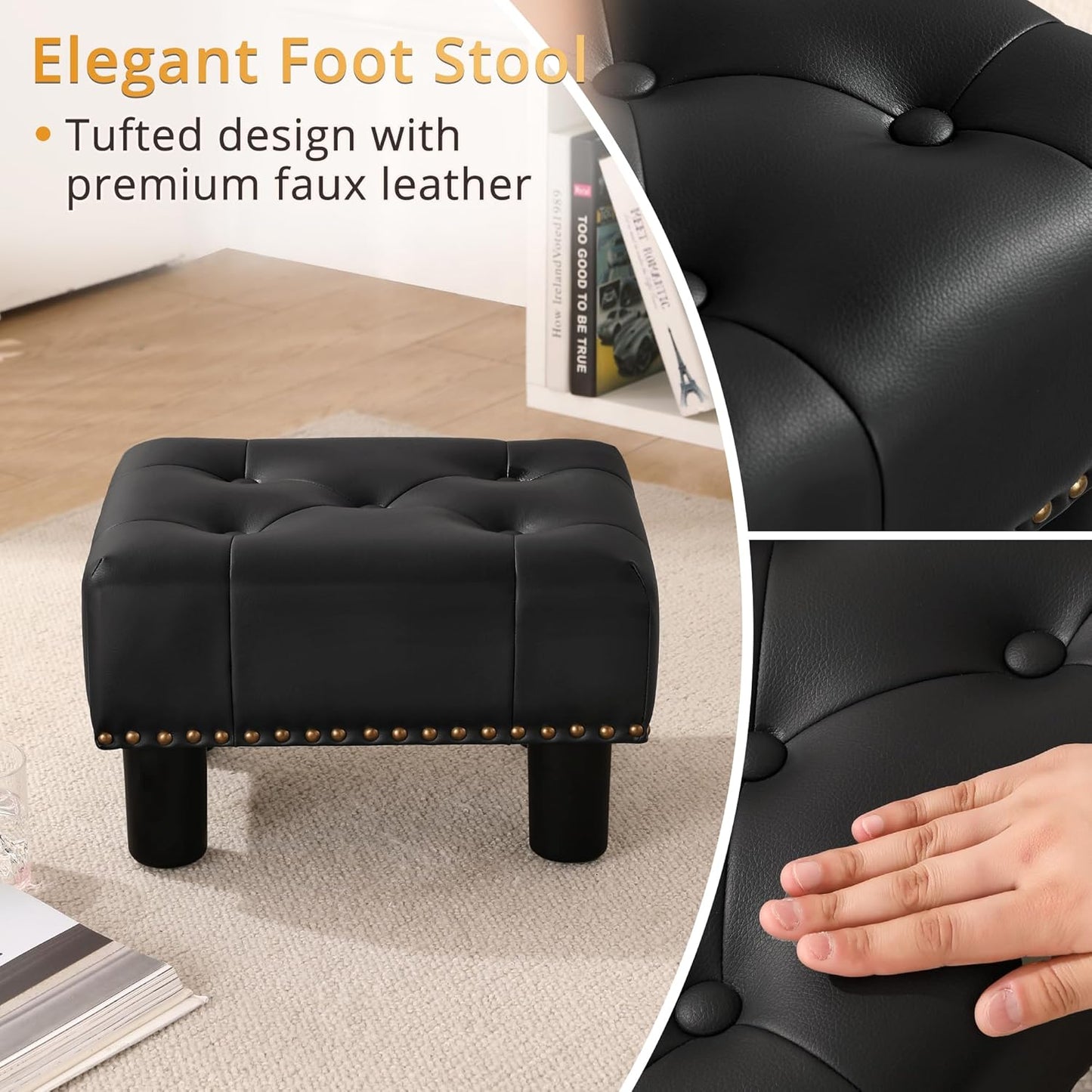 LUE BONA Small Tufted Foot Stool, Black Rivet Faux Leather Footrest with Plastic Legs, 9''H, Rectangle Foot Stools for Adult with Non-Slip Pads, Sofa Footstool for Living Room, Couch