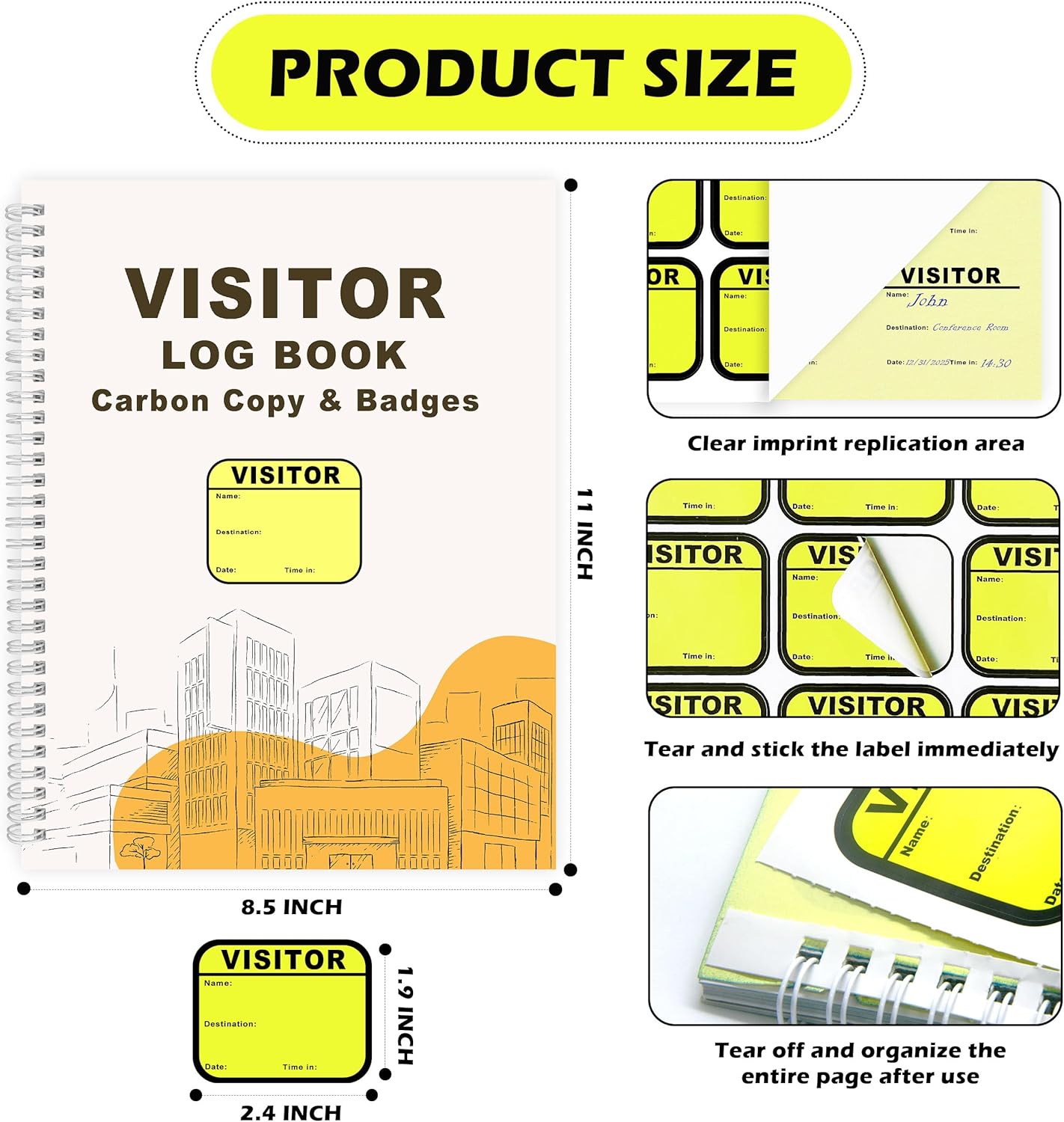 2 Pack of 450 Visitor Badges Registry Log with Carbon Copy Visitor Stickers Letter Size Visitor Log Book Extras Protecting Privacy Pages Spiral-Bound Self Visitor Badges Guest Register Book (2)