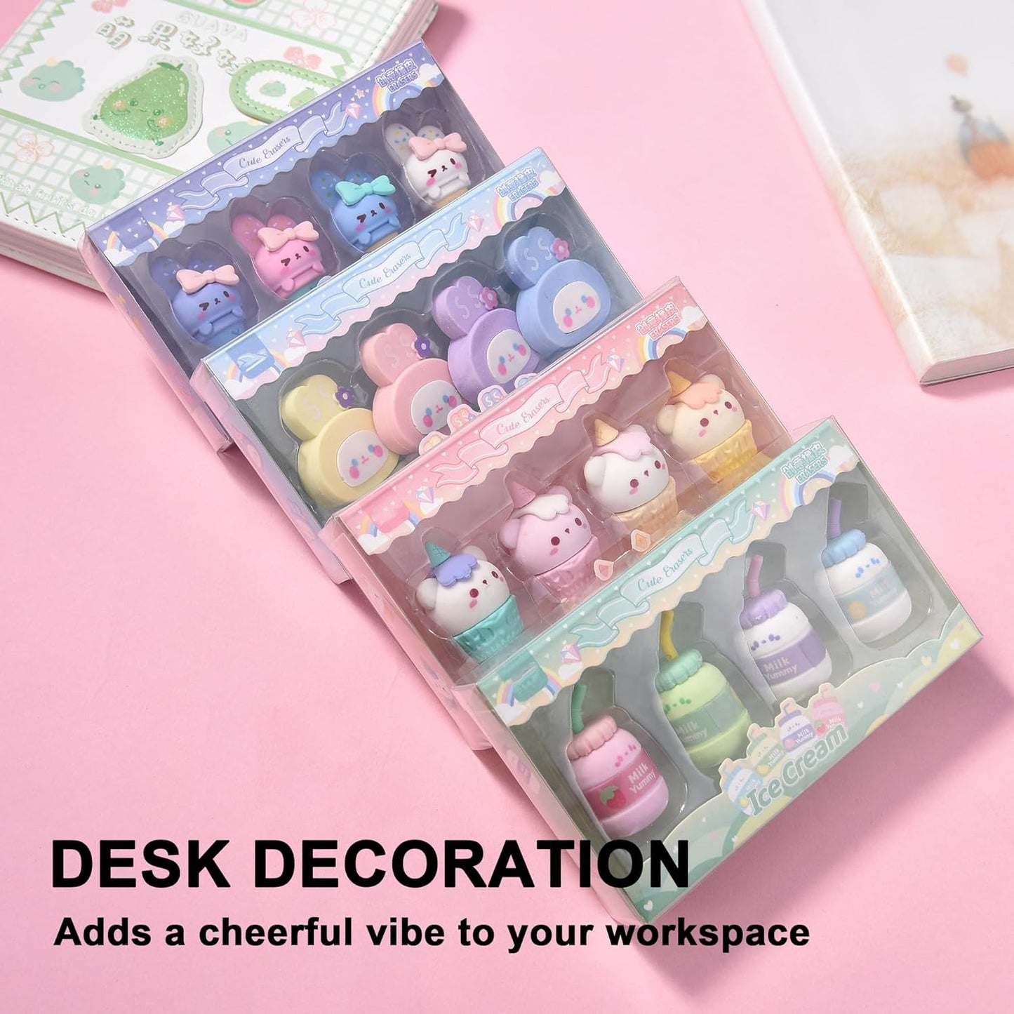 16Pcs Cute Ice Cream Shaped Erasers for Kids, Fun Food Eraser for School Classroom Rewards Party Favors