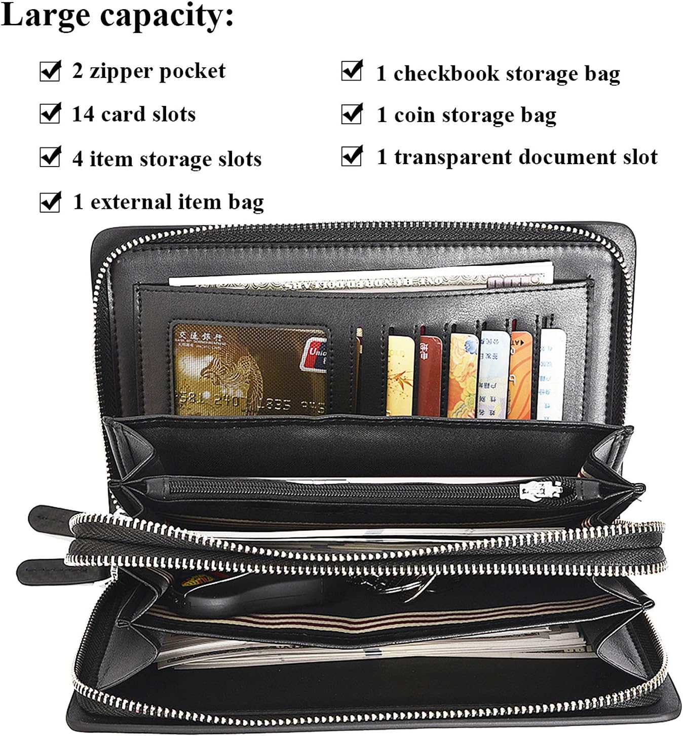 Leather Men Clutch Bag Long Wallet Purse Card Holder Case Business Large Clutch with Double Zip Handbag