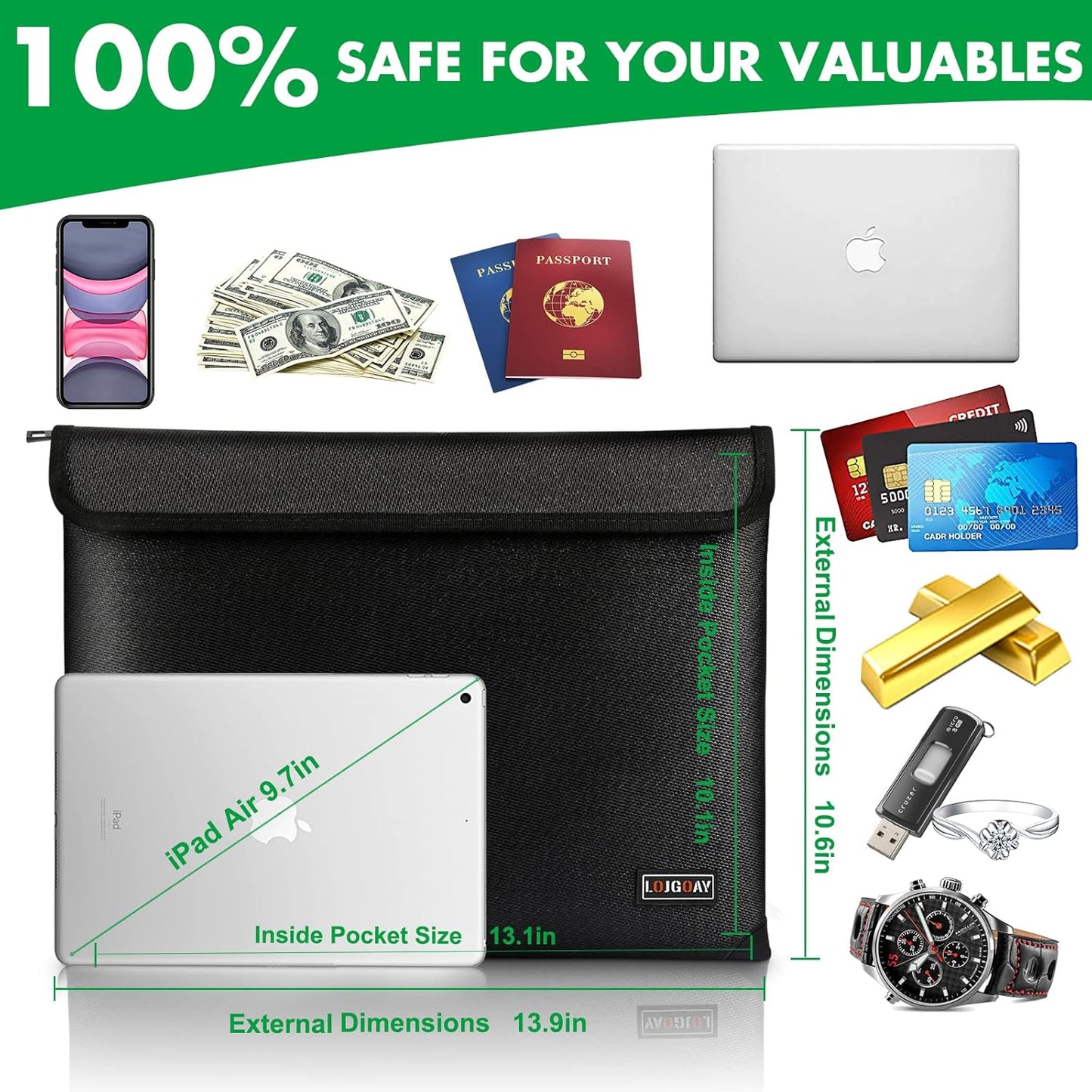 Fireproof Document Bag - with 5200°F Heat Insulated, Waterproof Fireproof Bag with Zipper, 8 Layers of Functional Materials, Fireproof Money Bag for Cash/Documents/Valuables, Fire Bag 13.9"x10.6"