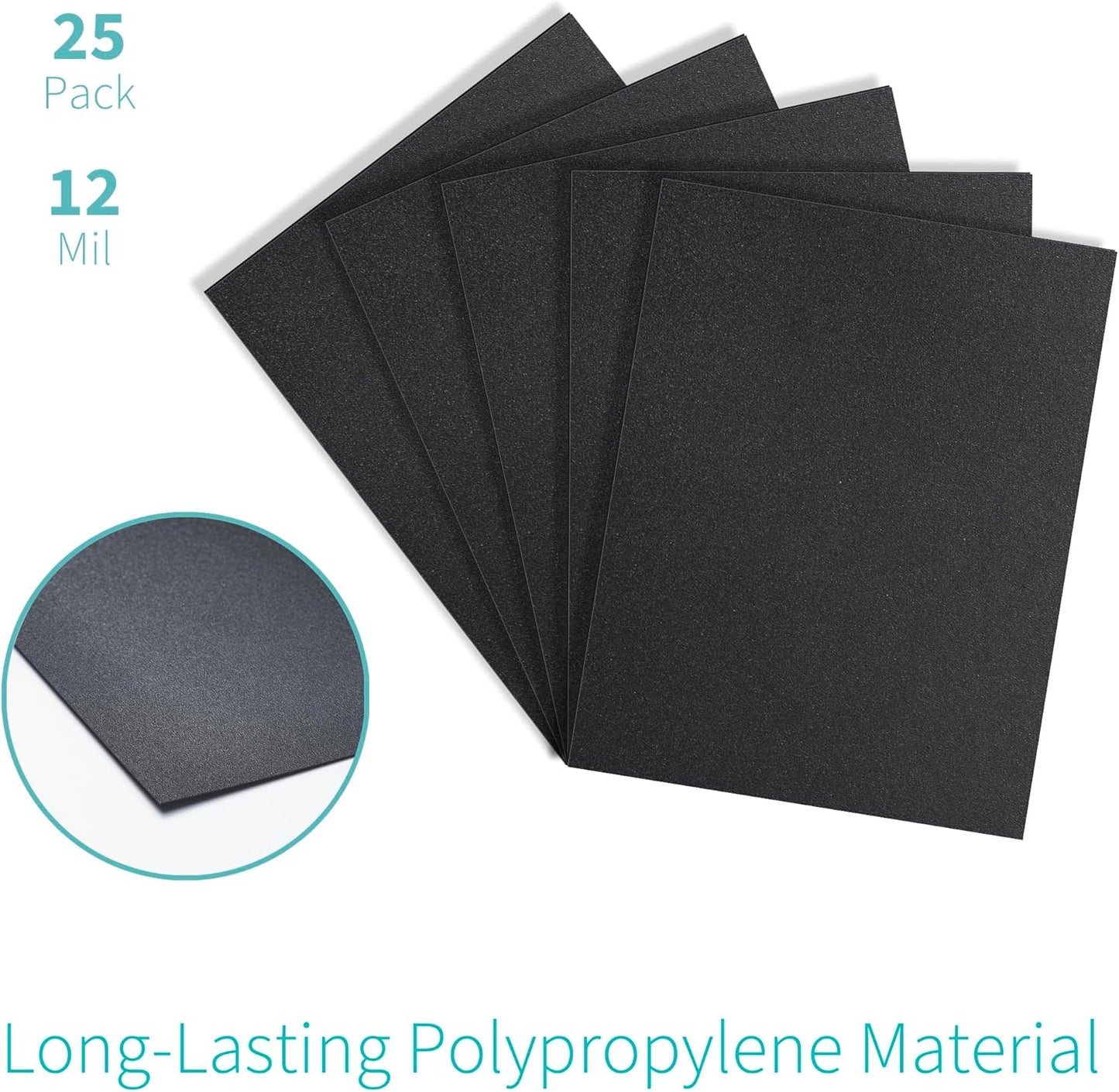 Binditek 25 Pack 12 Mil Sand-Textured Polycover, Midweight Binding Front and Back Covers, Lightly Sanded Finish, 8-1/2" x 11", Square Corners, Un-Punched, Black, Office Supplies