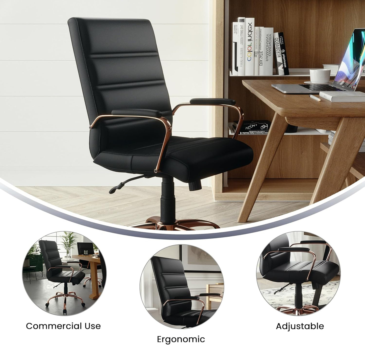 Flash Furniture Whitney Mid-Back Swivel LeatherSoft Desk Chair with Padded Seat and Armrests, Adjustable Height Padded LeatherSoft Office Chair, Black/Rose Gold